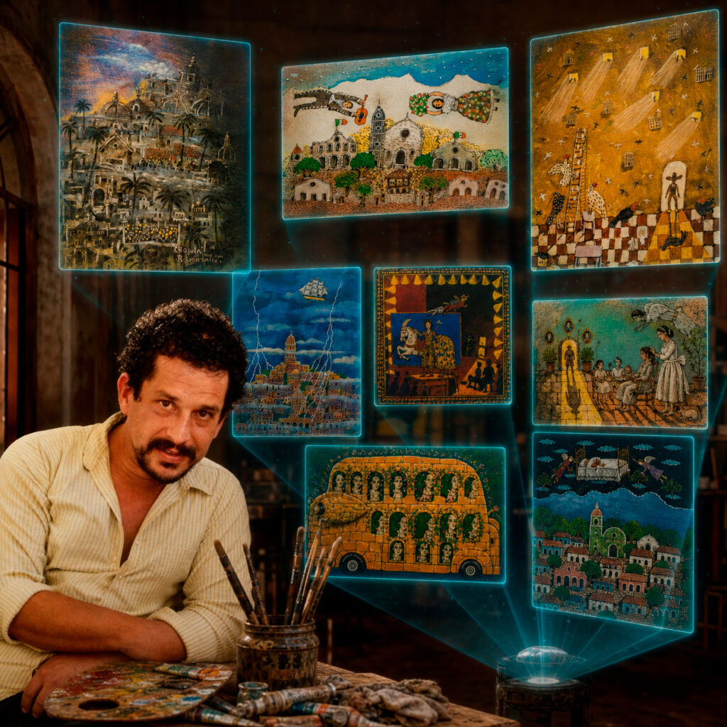Contemporary Mexican painter Raymundo Rafael surrounded by luminous displays of his colorful naïve-style paintings featuring surreal architecture, birds, and symbolic scenes