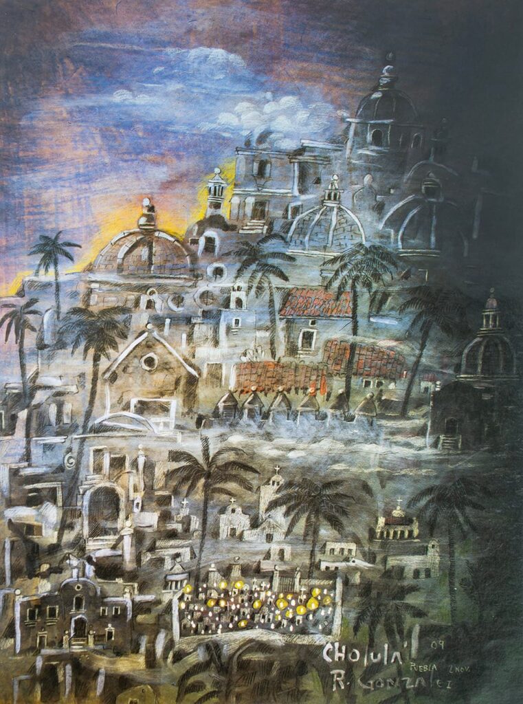 Dreamlike colonial cityscape of Cholula with churches, domes, palm trees, and glowing lights painted in a surreal folk-art style by Raymundo Rafael.