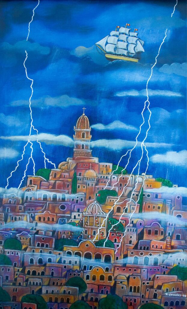 Surreal painting of a floating sailing ship above a storm-filled city with lightning and dreamlike architecture by Raymundo Rafael.