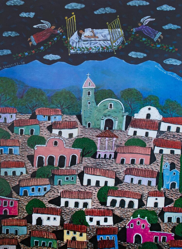 Dreamlike village scene with floating bed and angels by Raymundo Rafael