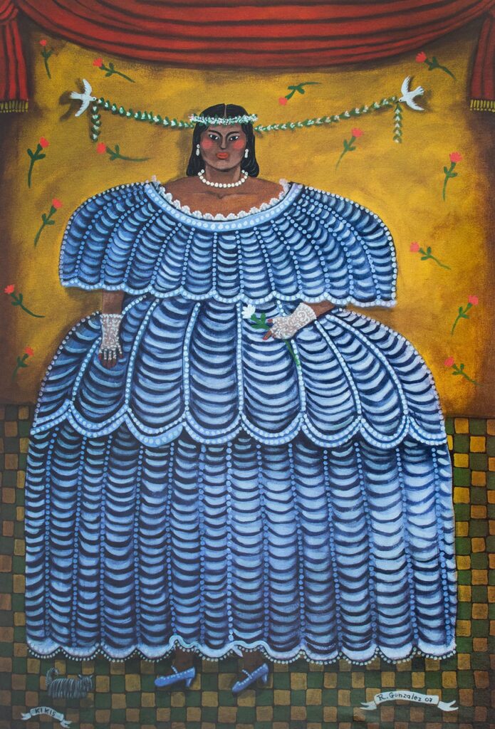 Portrait of a young girl in an elaborate blue folkloric dress against a golden background, painted in a stylized Mexican folk-art tradition by Raymundo Rafael.