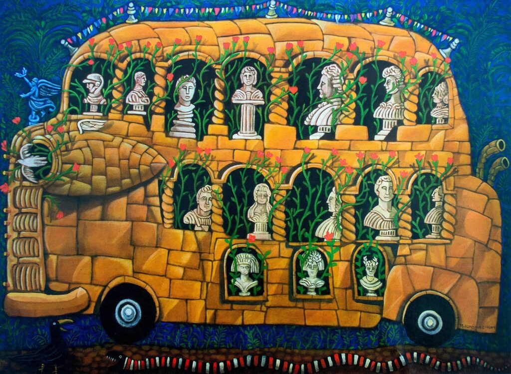 Surreal blue omnibus filled with passengers and surrounded by classical busts and flowering vines, painted in a symbolic Mexican folk-art style by Raymundo Rafael.